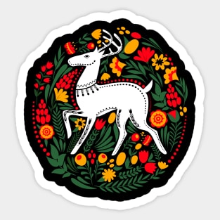 Folk Art White Stag with Flowers and Leaves Sticker